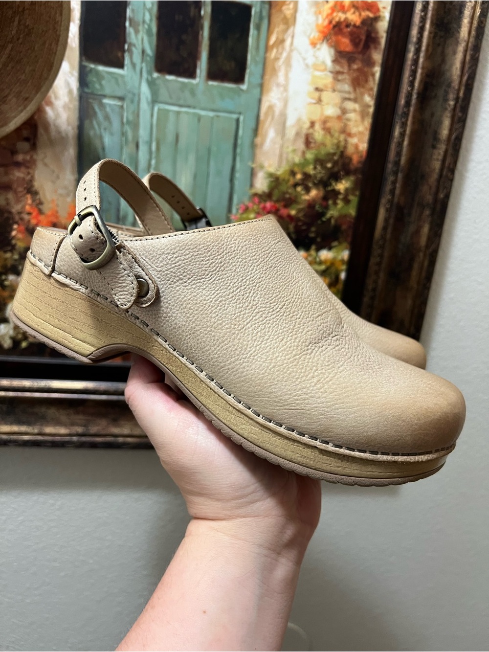 Dansko Berry Oyster Milled Burnished mules clogs